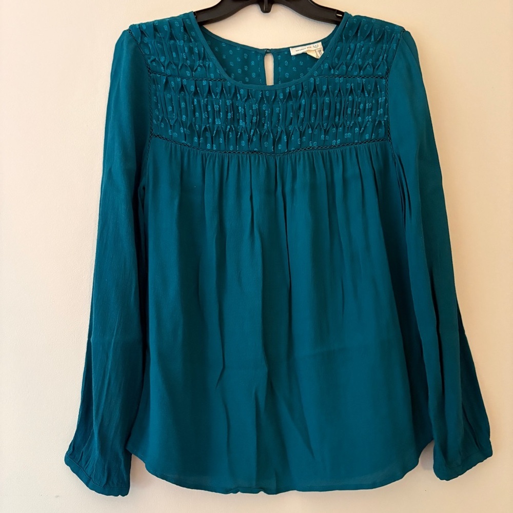 Anthropologie Meadow Rue Teal Smocked Boho Blouse (Size S)